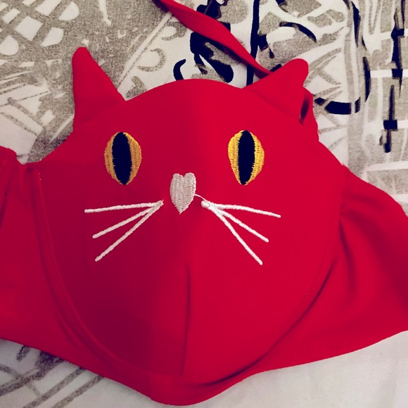 2/$25 Rare Kitty Cat Shaped Ears Bikini Bra Top Red SM Medium / Large XL Junior - Picture 2 of 7